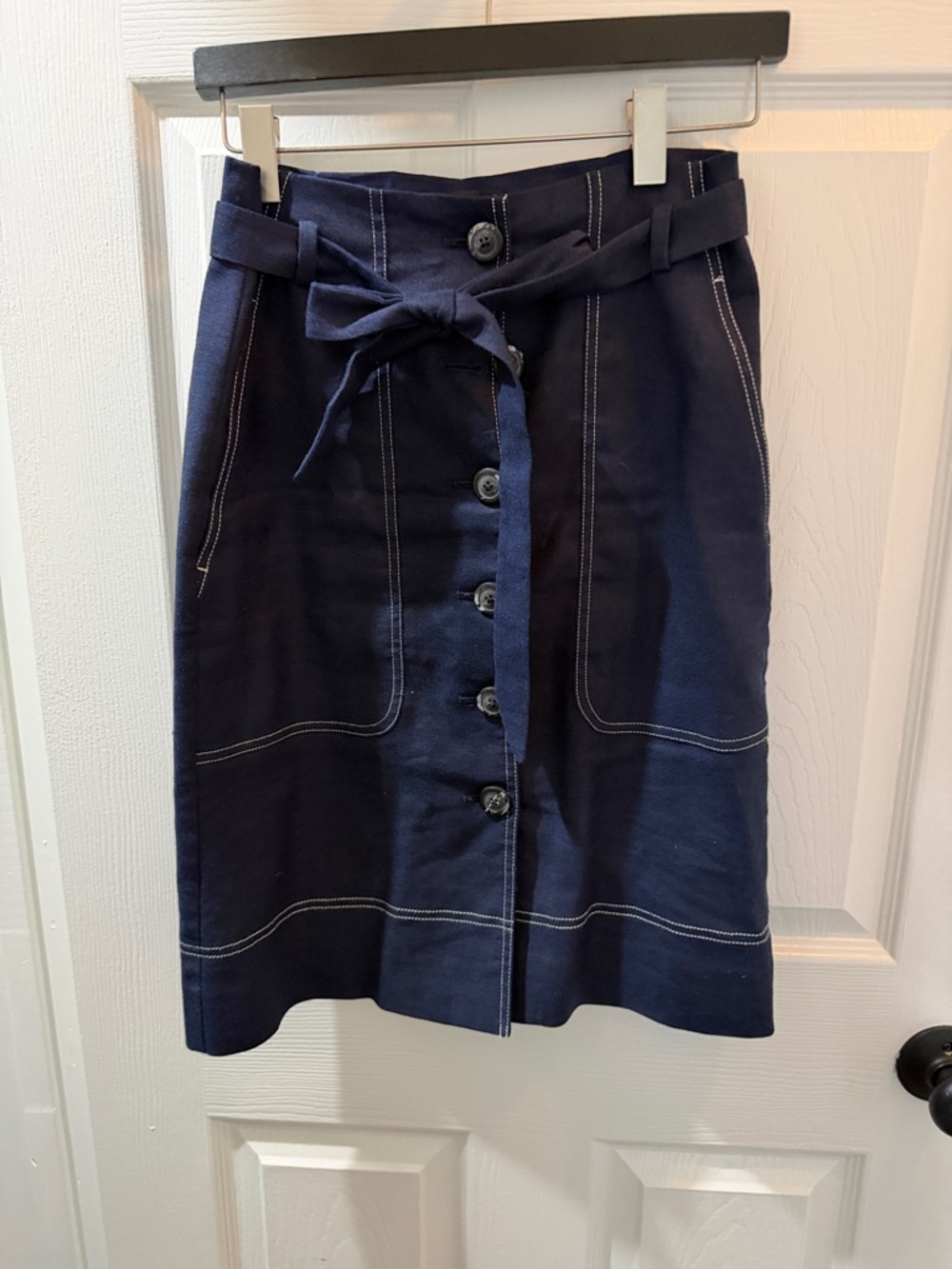 J Crew Linen Navy Button-Front Tie-Waist Skirt